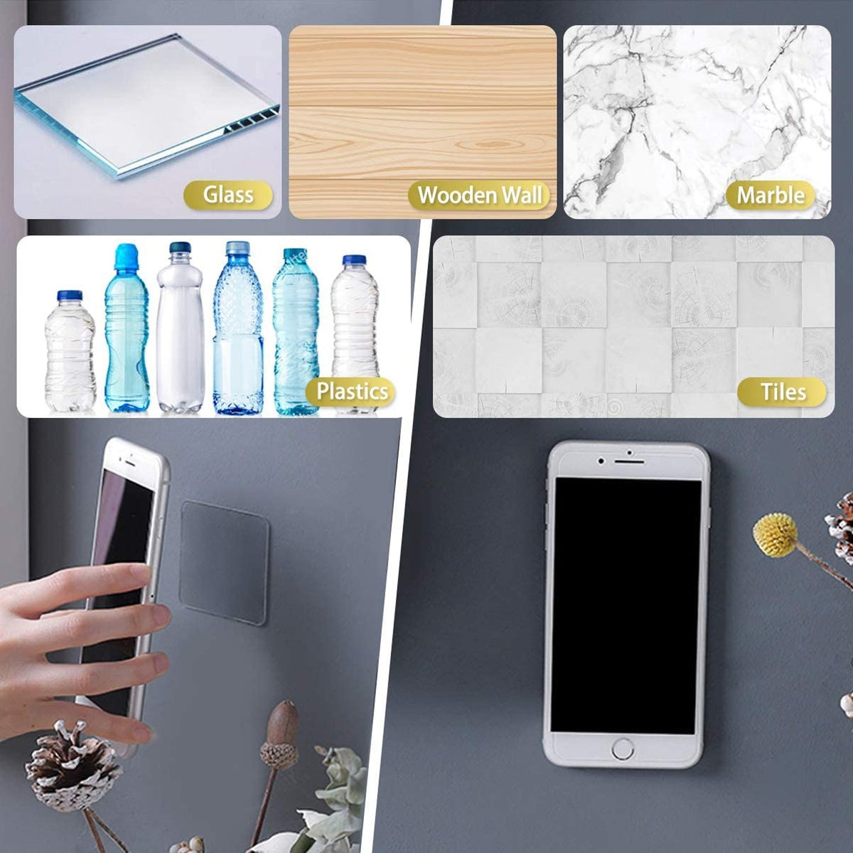 A collage showing a phone attached to a wall with an adhesive square, and various surfaces it can stick to.