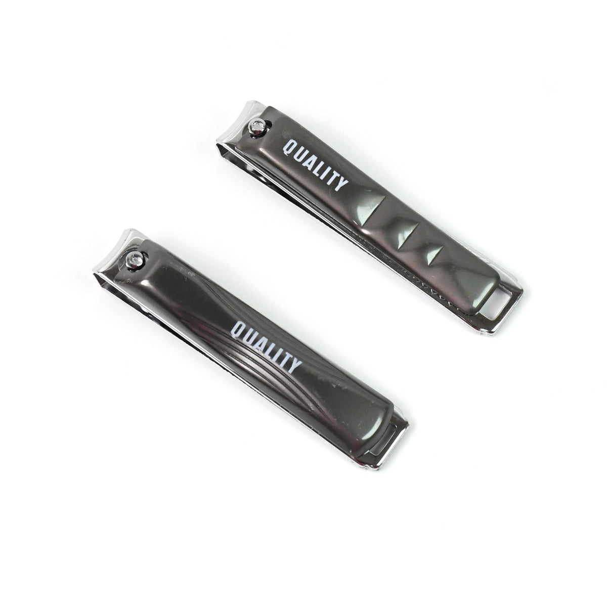 Two closed black and silver nail clippers with "QUALITY" on their handles, positioned diagonally on a white background.