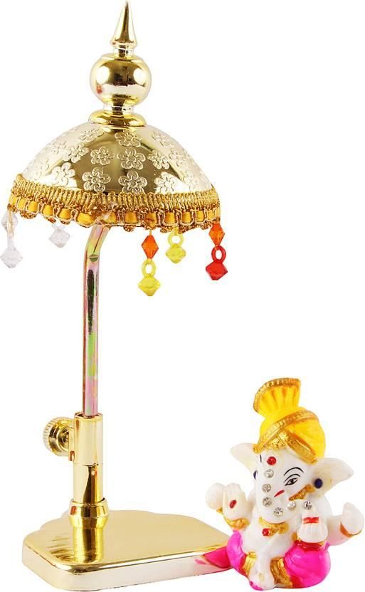 Exquisite Marble Ganesh with Umbrella Elegant Idol Decorative Showpiece - 20 cm (Polyresin, Multicolor)