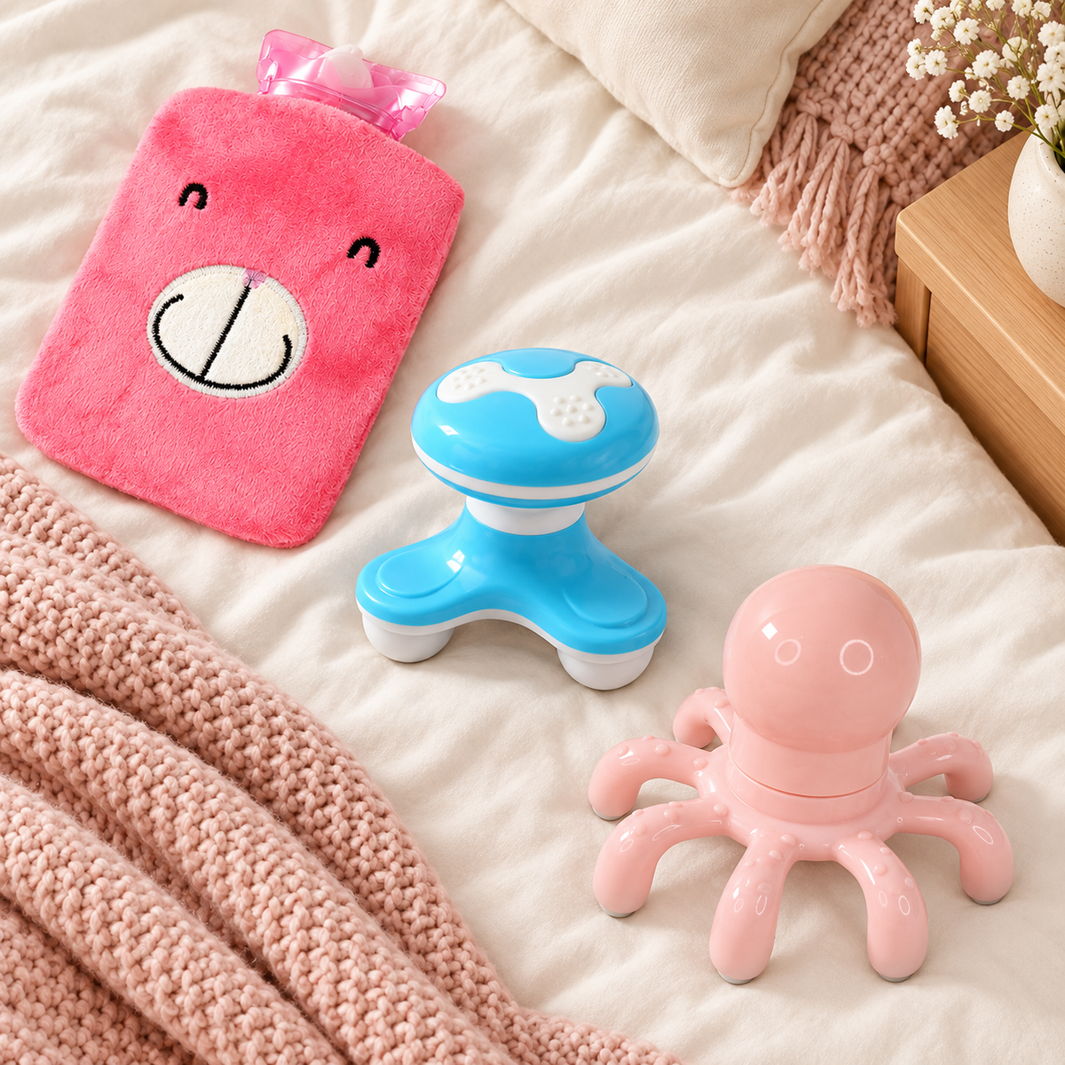 A pink bear hot water bag, a blue body massager, and a pink octopus head massager rest on a bed.