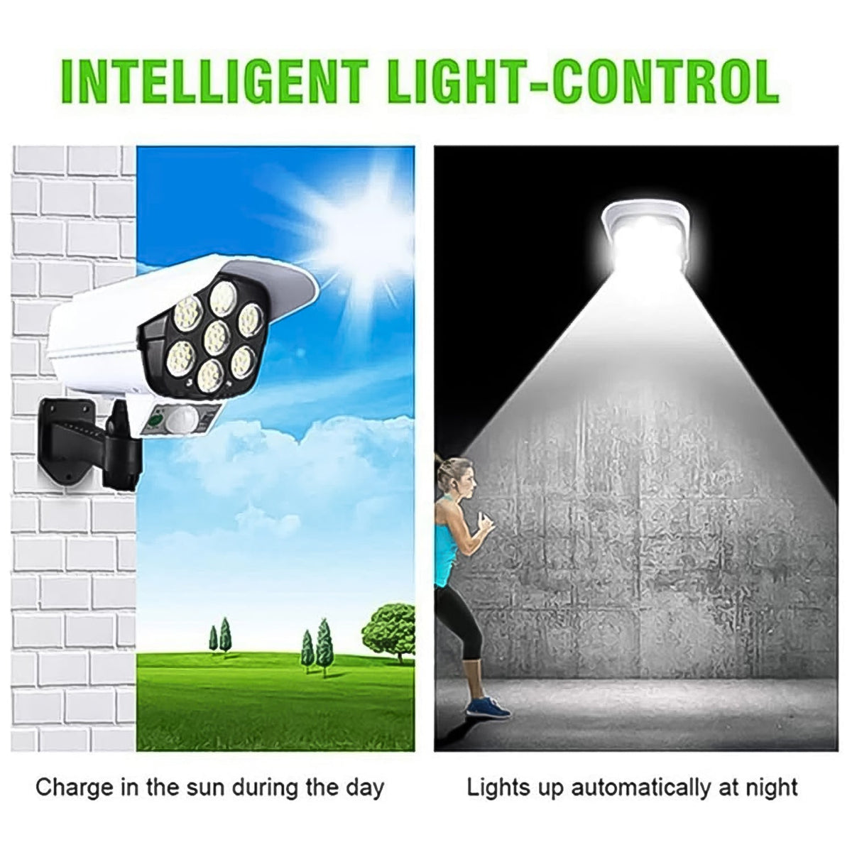 Split image showing the dummy security camera charging in the sun and illuminating a person running at night.