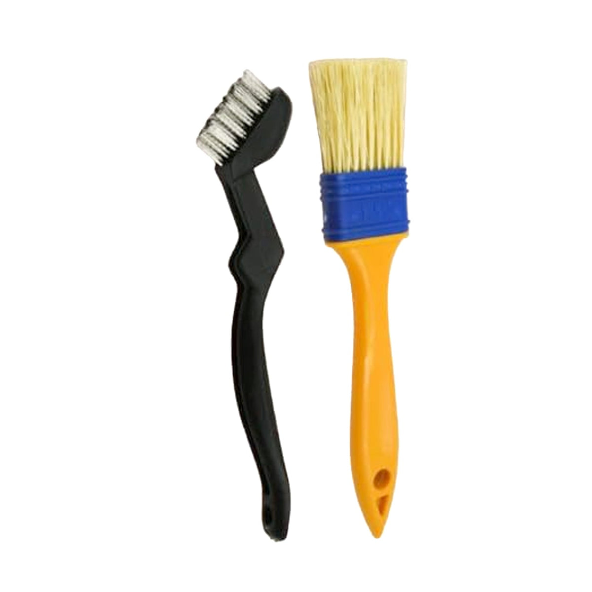 A black grill cleaning brush and a yellow and blue basting brush stand upright on a white background.