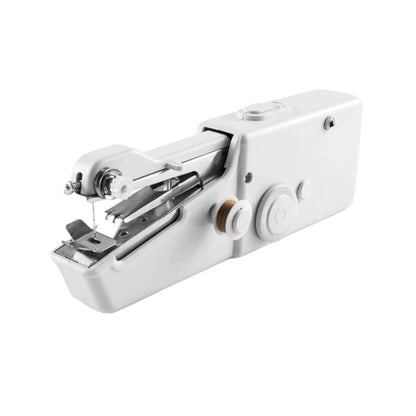 A white handheld sewing machine with a brown thread spool is angled on a white background.