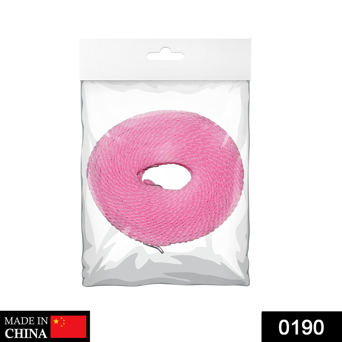 A pink coiled clothesline is sealed in clear plastic packaging with a white header and a 'Made in China' label.
