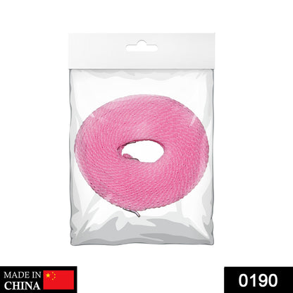 A pink coiled clothesline is sealed in clear plastic packaging with a white header and a 'Made in China' label.