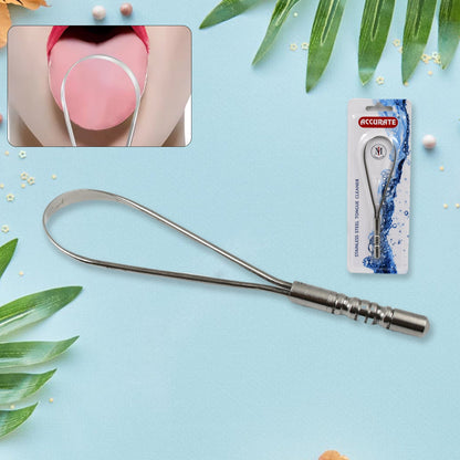 A silver metal tongue cleaner is on a blue background with its packaging and an inset of a tongue.
