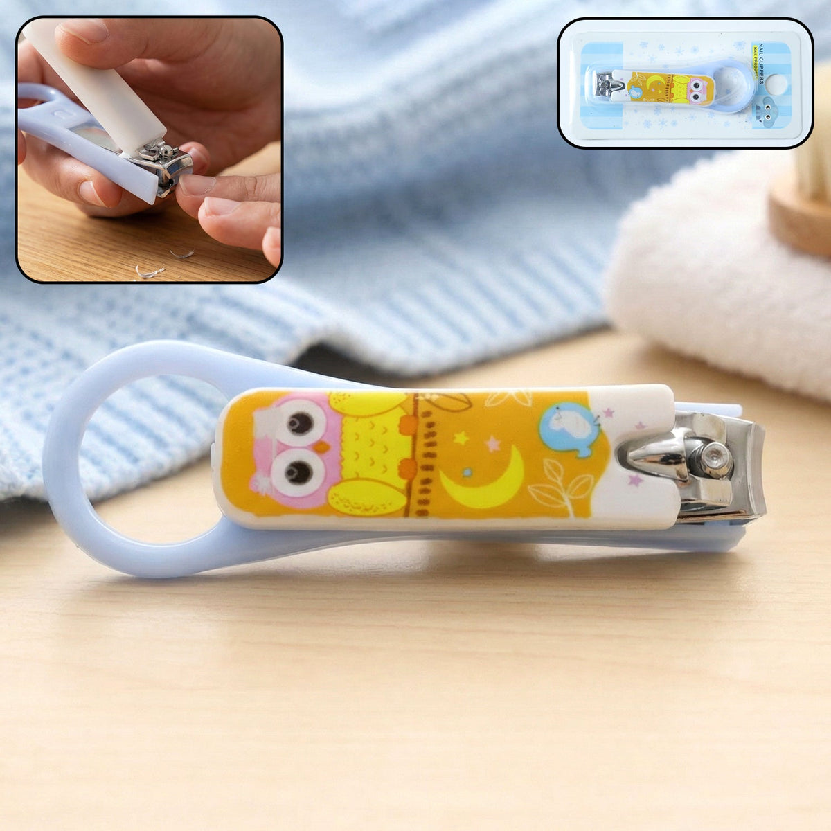 A light blue baby nail clipper with an owl design, with an inset showing it being used and another showing its packaging.