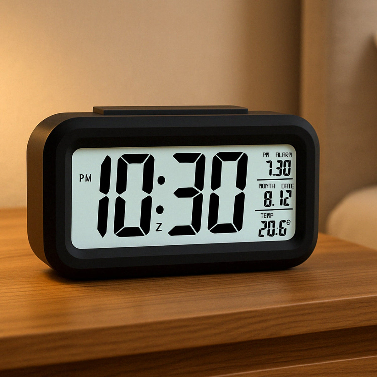A black digital alarm clock displaying 10:30 PM, 7:30 alarm, date 8.12, and 20.6°C temperature, on a wooden bedside table in