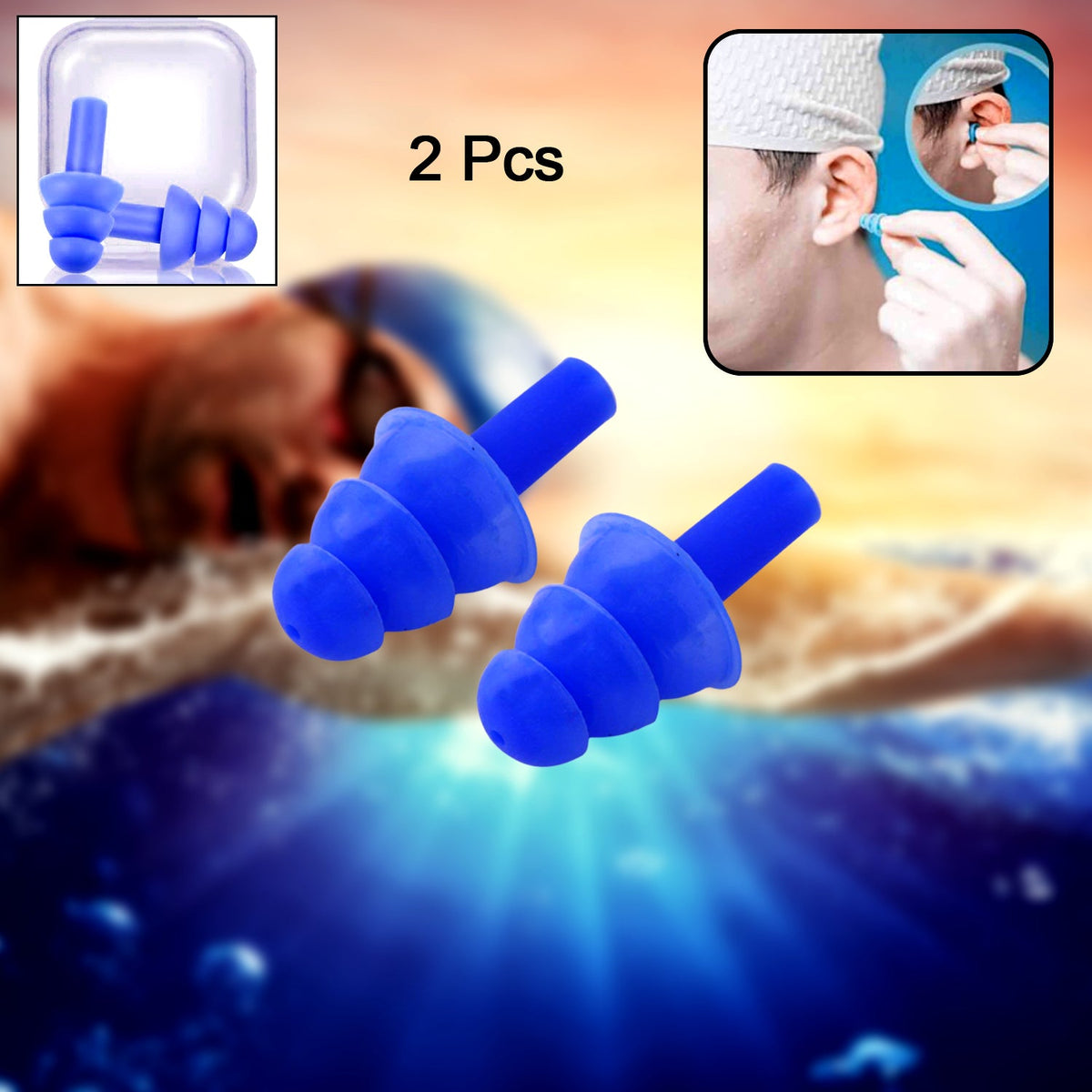 Two blue silicone earplugs are centered on a blurred underwater background, with insets showing them in a case and  person