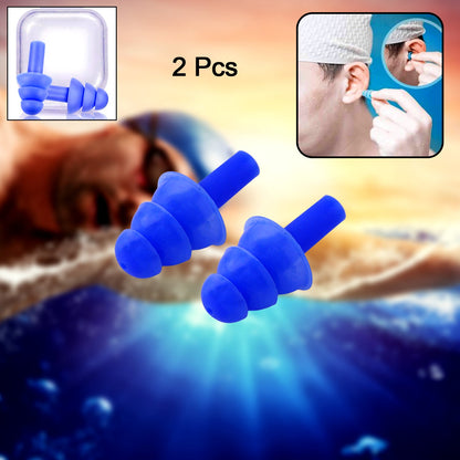 Two blue silicone earplugs are centered on a blurred underwater background, with insets showing them in a case and  person