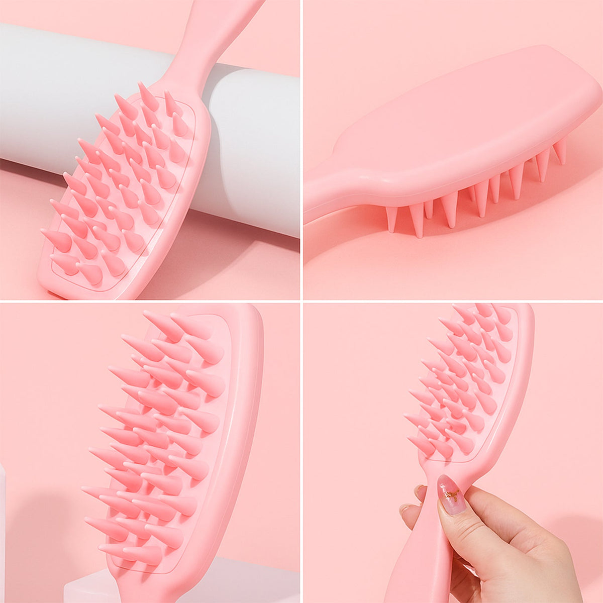 A four-panel grid showing close-ups of the pink silicone scalp massager brush from different angles.
