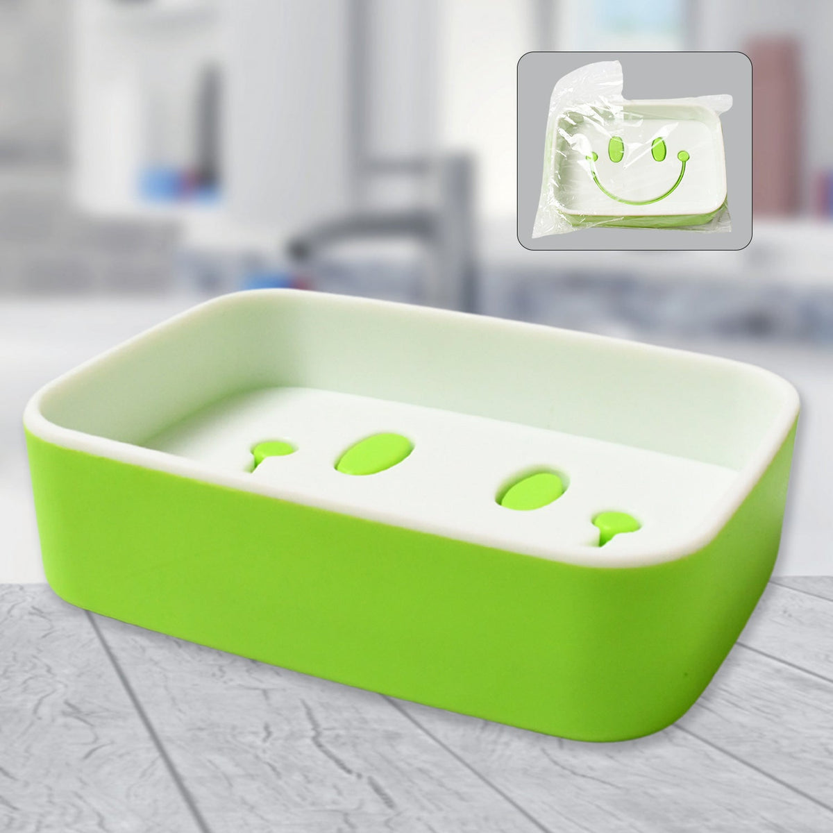 A green and white soap dish with a smiley face draining design, shown with a packaged version in the corner. – view 5