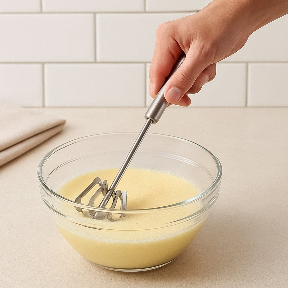 A person's hand holding a silver stainless steel hand whisk, mixing a pale yellow liquid in a clear glass bowl.
