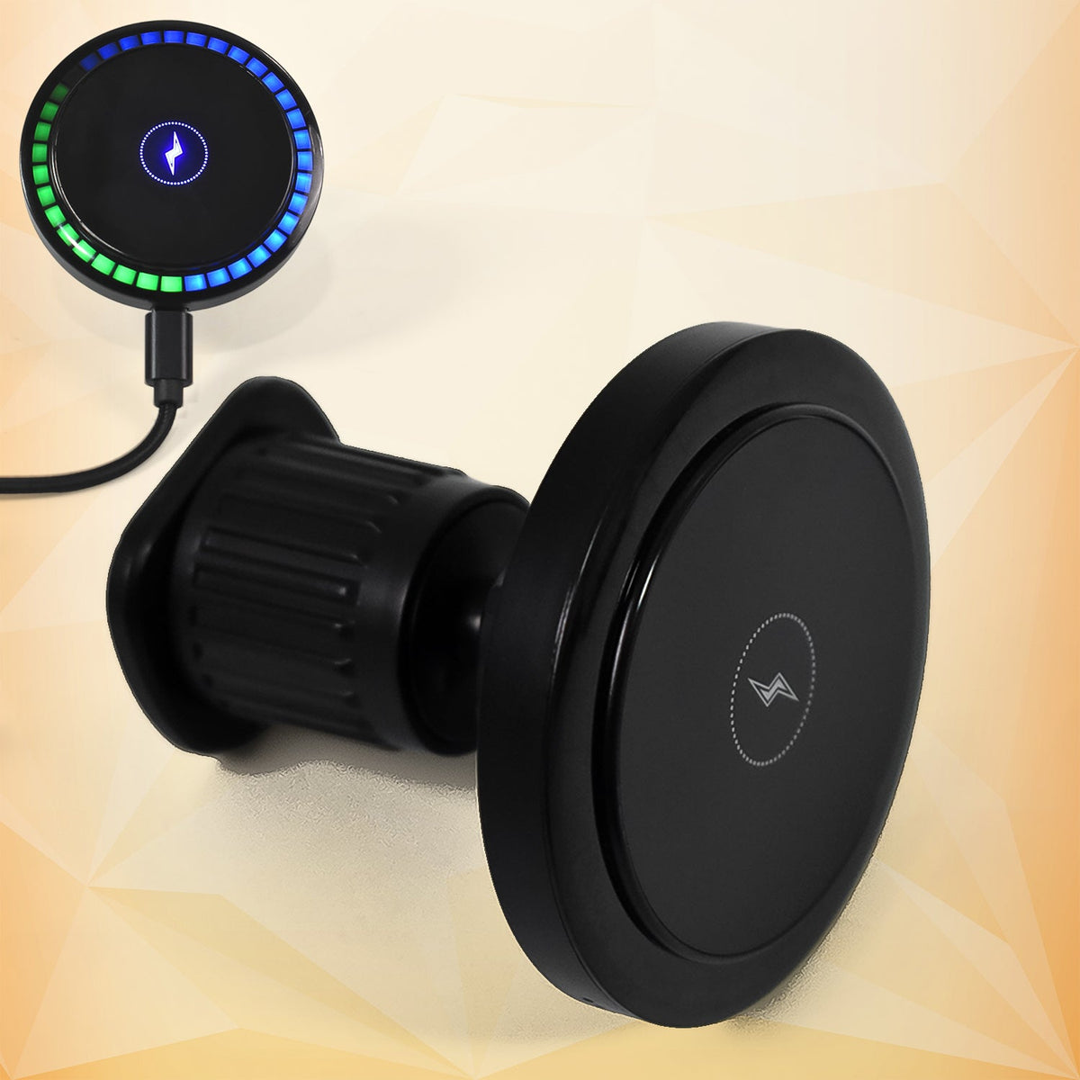 A black magnetic wireless car charger with a vibrant blue and green RGB light ring, shown against an orange gradient
