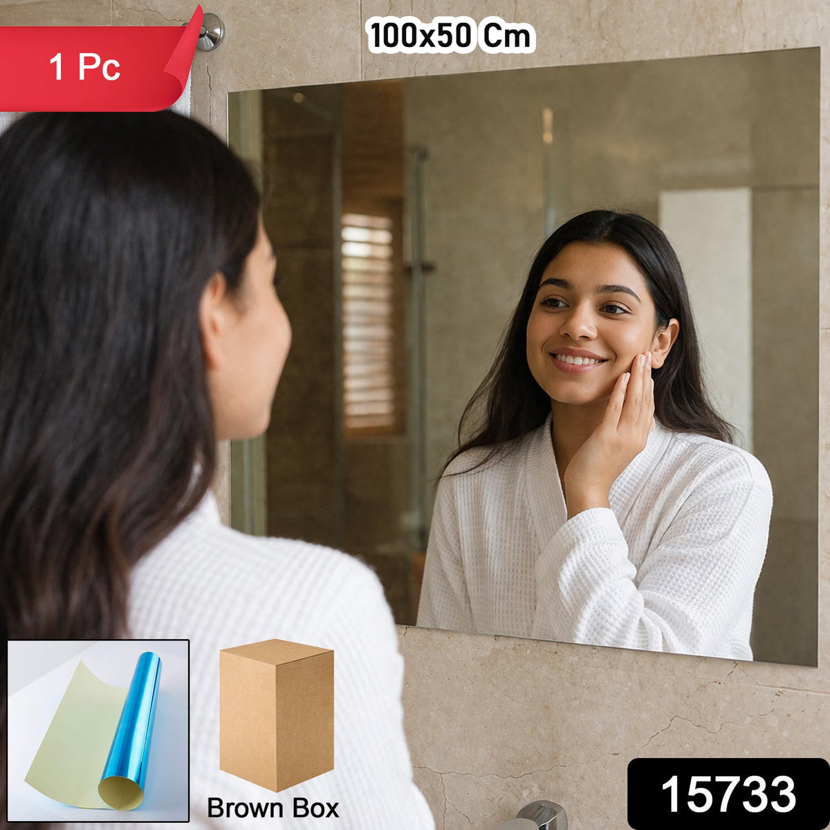 A woman in a white robe smiles at her reflection in a rectangular mirror, with product details overlaid.