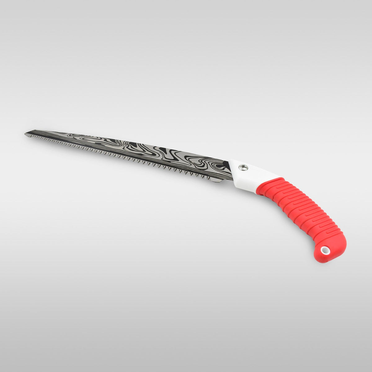 A hand pruning saw with a red handle and a patterned blade, angled on a plain light gray background.