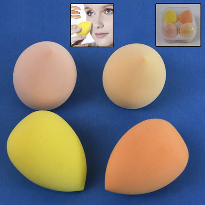 Four makeup sponges in peach, yellow, and orange on a blue background, with insets of a woman and the case.