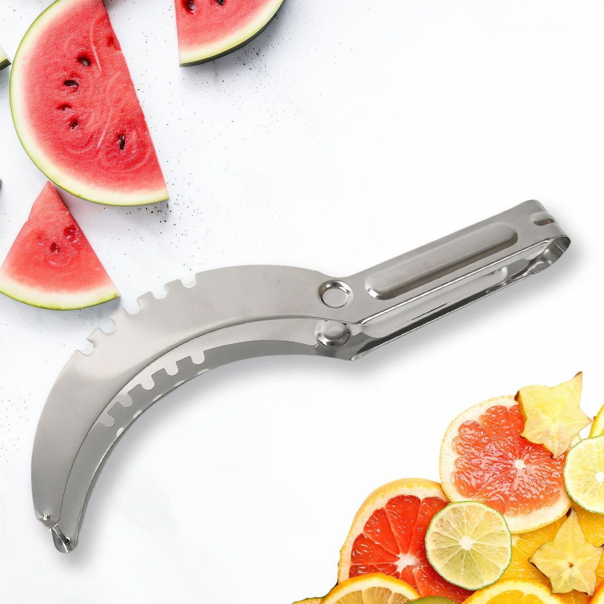A stainless steel watermelon slicer with a serrated edge and slotted side is displayed on a white background.