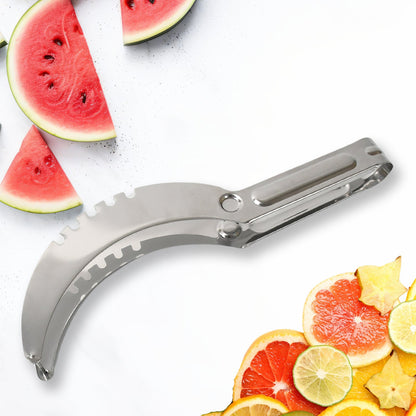 A stainless steel watermelon slicer with a serrated edge and slotted side is displayed on a white background.