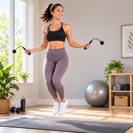 A smiling woman in athletic wear jumps indoors, holding a black cordless jump rope with weighted balls.
