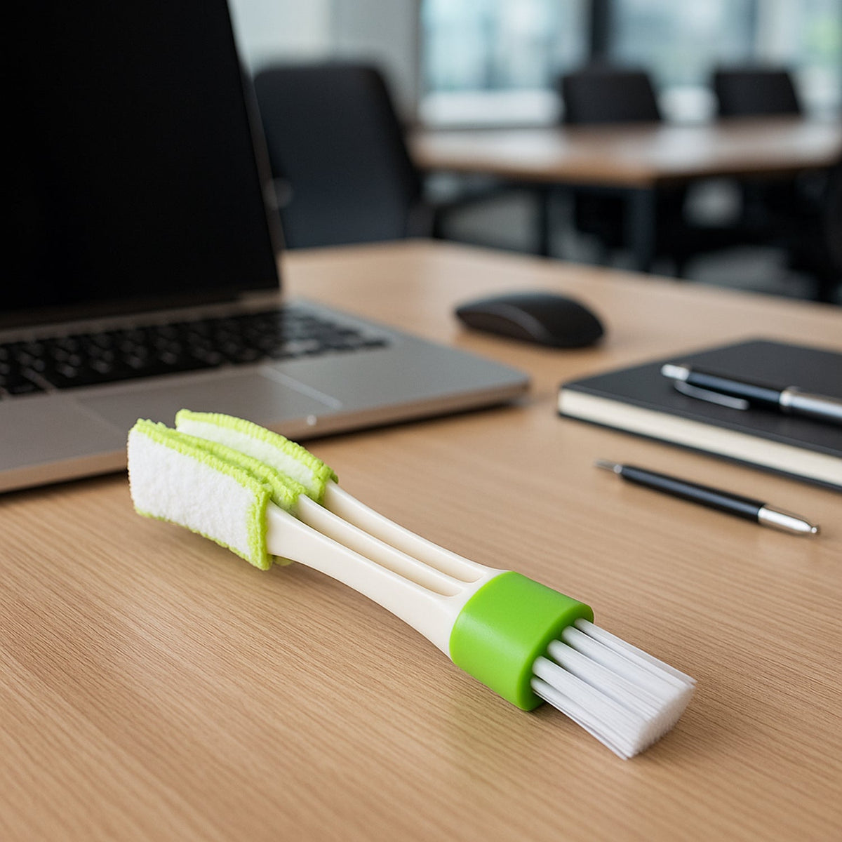 A white and green 3-in-1 cleaning brush resting on a wooden desk with a laptop and office supplies.