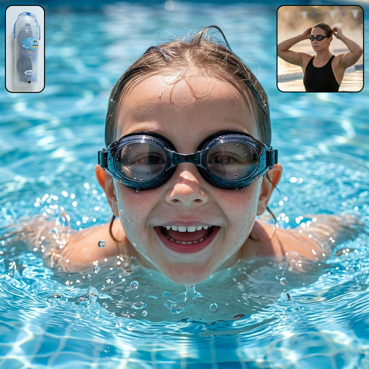 A young girl with dark hair smiles in a pool, wearing black swimming goggles with clear lenses.