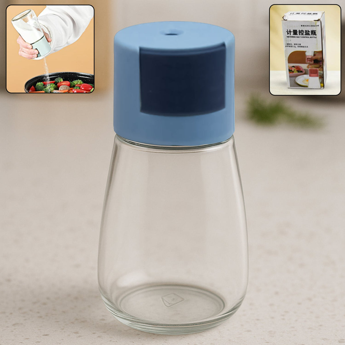 A clear glass spice dispenser with a blue top stands on a kitchen counter, with an inset of it in use.