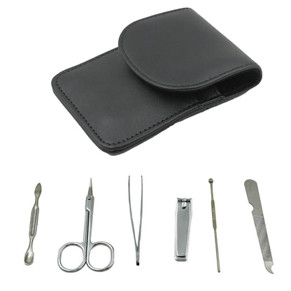 A black leather case and six silver manicure tools are displayed separately on a white background.