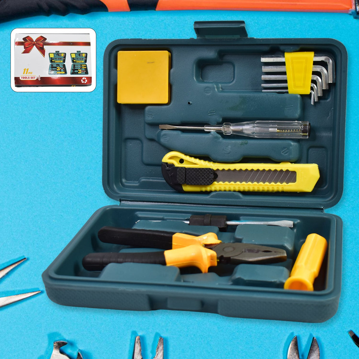 Open teal tool kit on a blue background, displaying various yellow and black tools, with a small gift box graphic in the