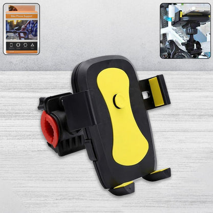 Black and yellow phone mount with red clamp on a light wood surface. Insets show product details and usage examples.