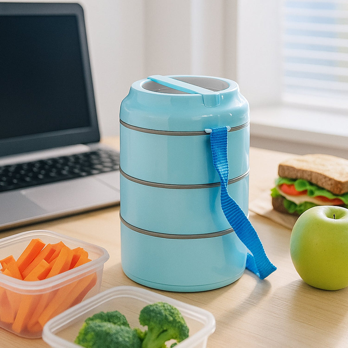 A light blue three-layer lunch box with a blue strap is on a desk with a laptop, sandwich, apple, and carrot slices.