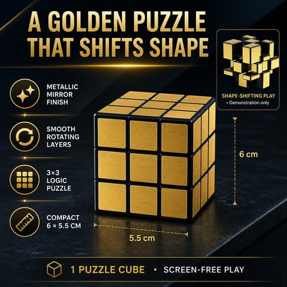 Features of the gold mirror cube puzzle highlighted.