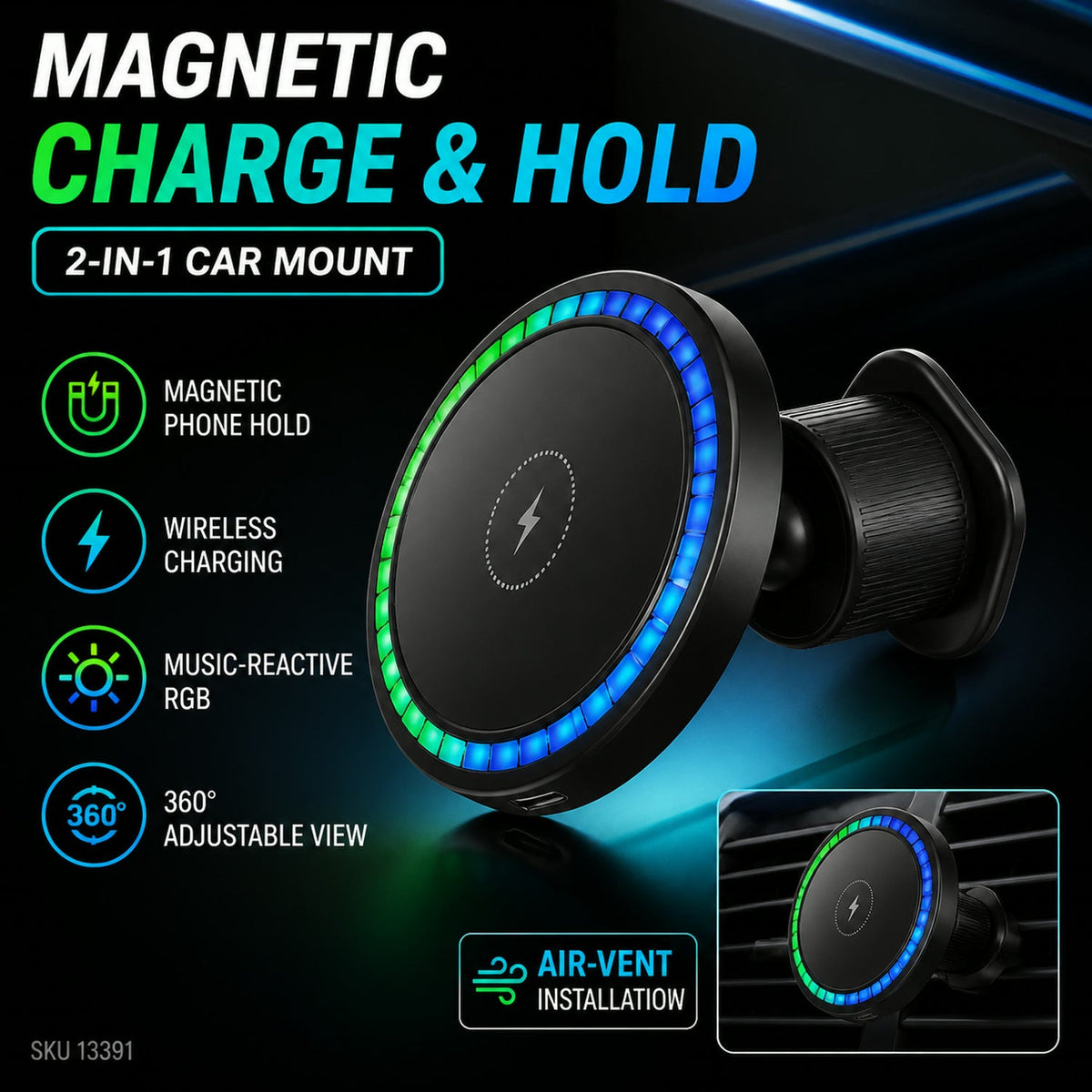 A promotional image of the black magnetic car charger with RGB lights and features listed, including air-vent installation.
