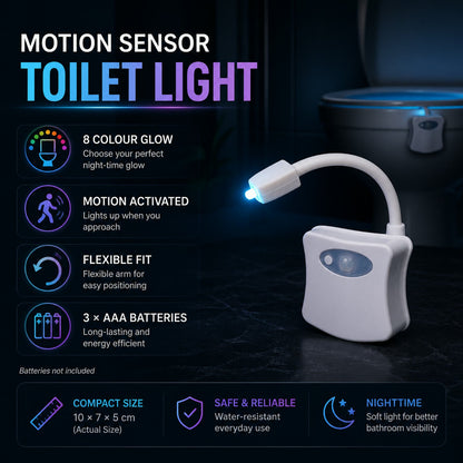 Informational graphic detailing the features of the motion sensor toilet light, including 8 colors, motion activation, and