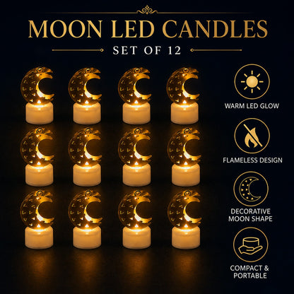 Grid of twelve crescent moon shaped flameless LED candles with gold tops and white bases, with feature icons on the right.