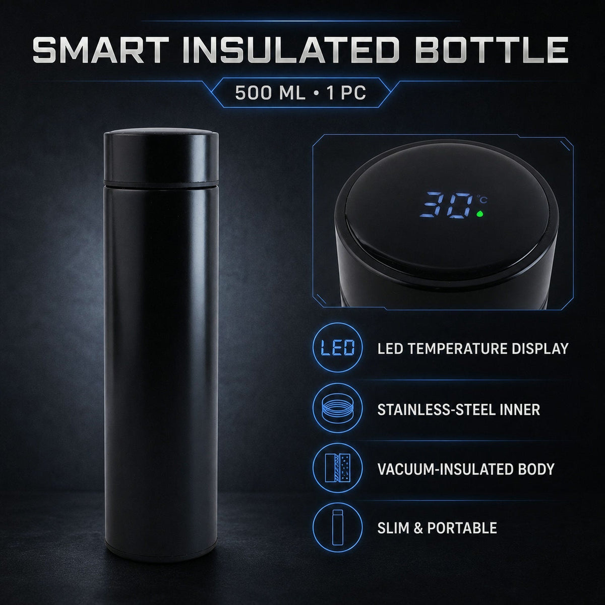 Vacuum Insulated Water Bottle – LED Temp Display 500ML