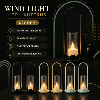 Promotional image for a set of six LED wind lanterns, displaying black, light yellow, and light green options with features
