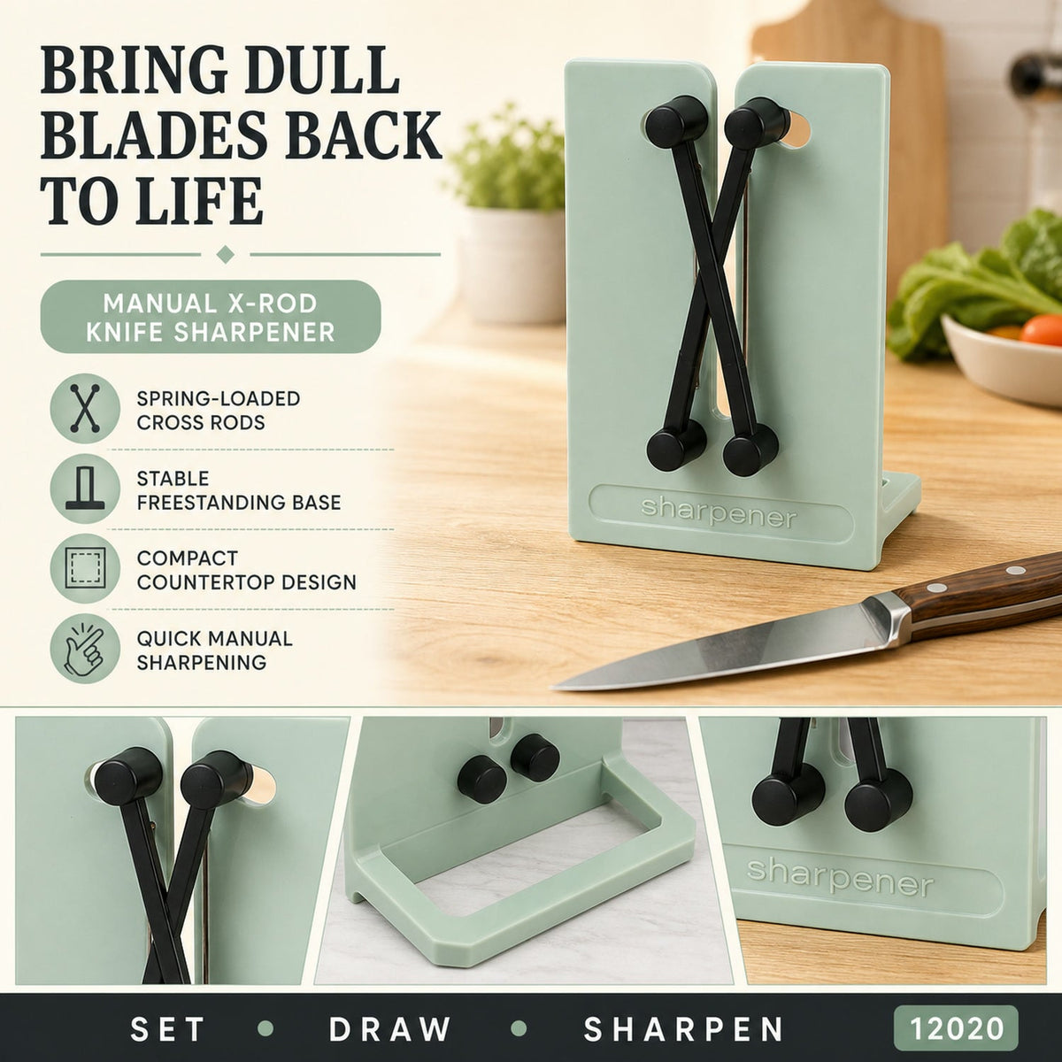 A graphic promoting the manual X-rod knife sharpener, showing its features and a knife on a wooden board.