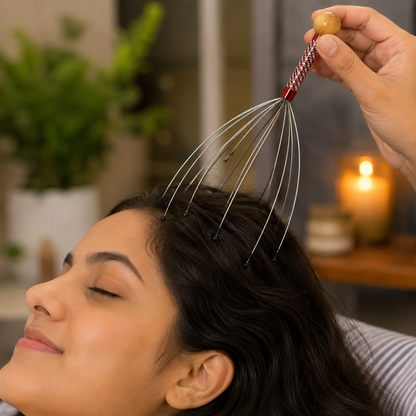 A person with dark hair is receiving a head massage from a metal scalp massager with a red and white handle.