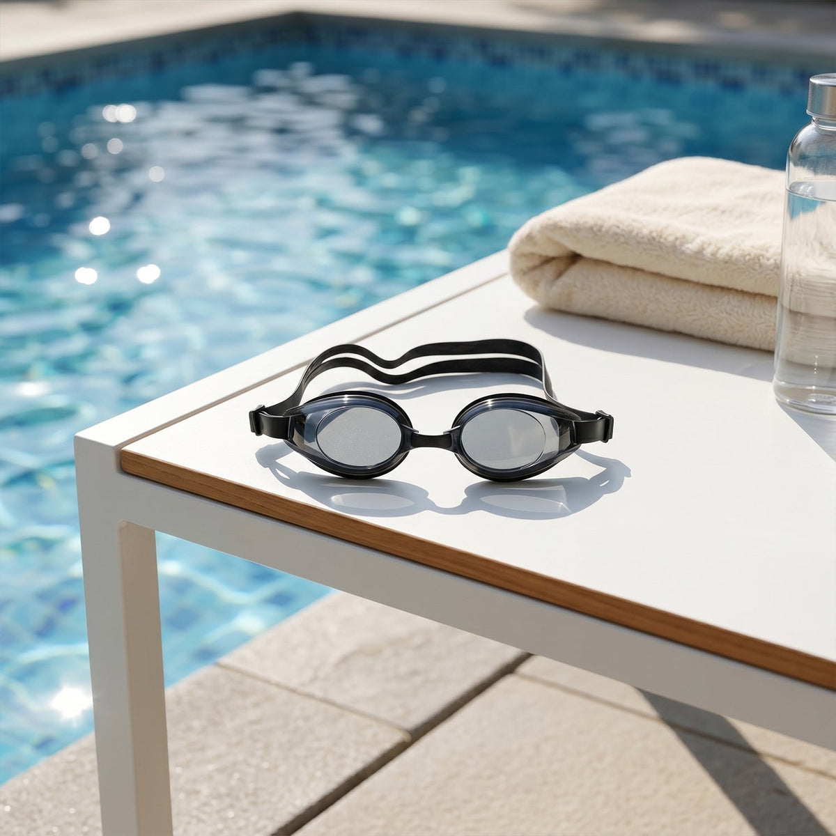 Black swimming goggles rest on a white table next to a folded towel and a water bottle by a swimming pool.