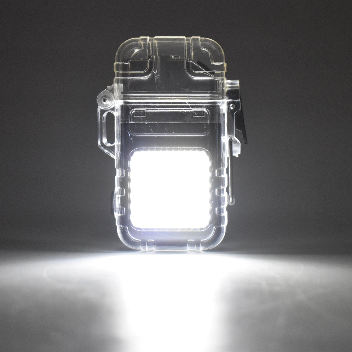 The clear waterproof electric lighter and flashlight illuminates a dark room with its bright white COB light.