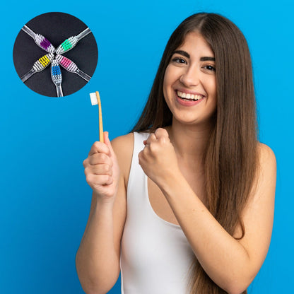 A smiling woman holds a single bamboo toothbrush, while a circular inset shows five colorful plastic toothbrushes.