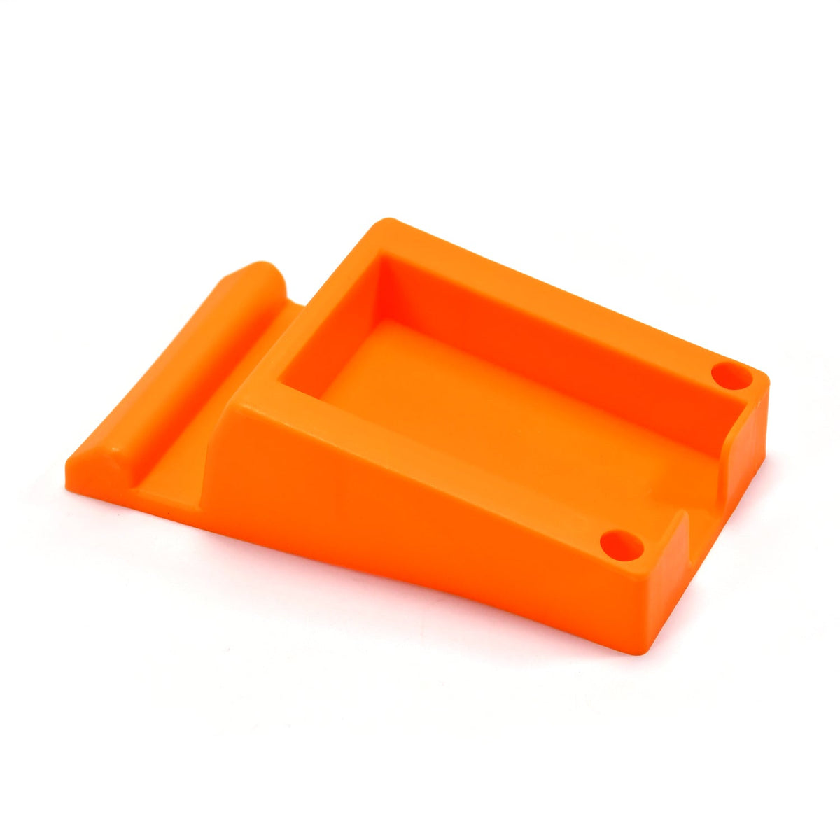 A bright orange plastic business card and phone holder, shown empty on a white background.