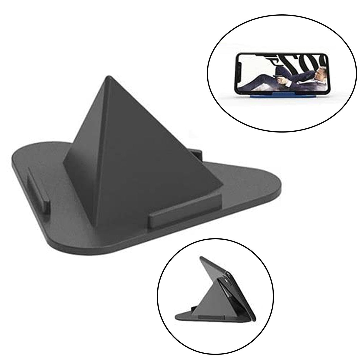 A black pyramid mobile stand with two circular insets showing a phone and tablet in use.