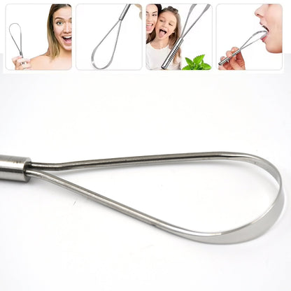 A close-up of the loop end of a silver metal tongue cleaner, with four small user images above it.