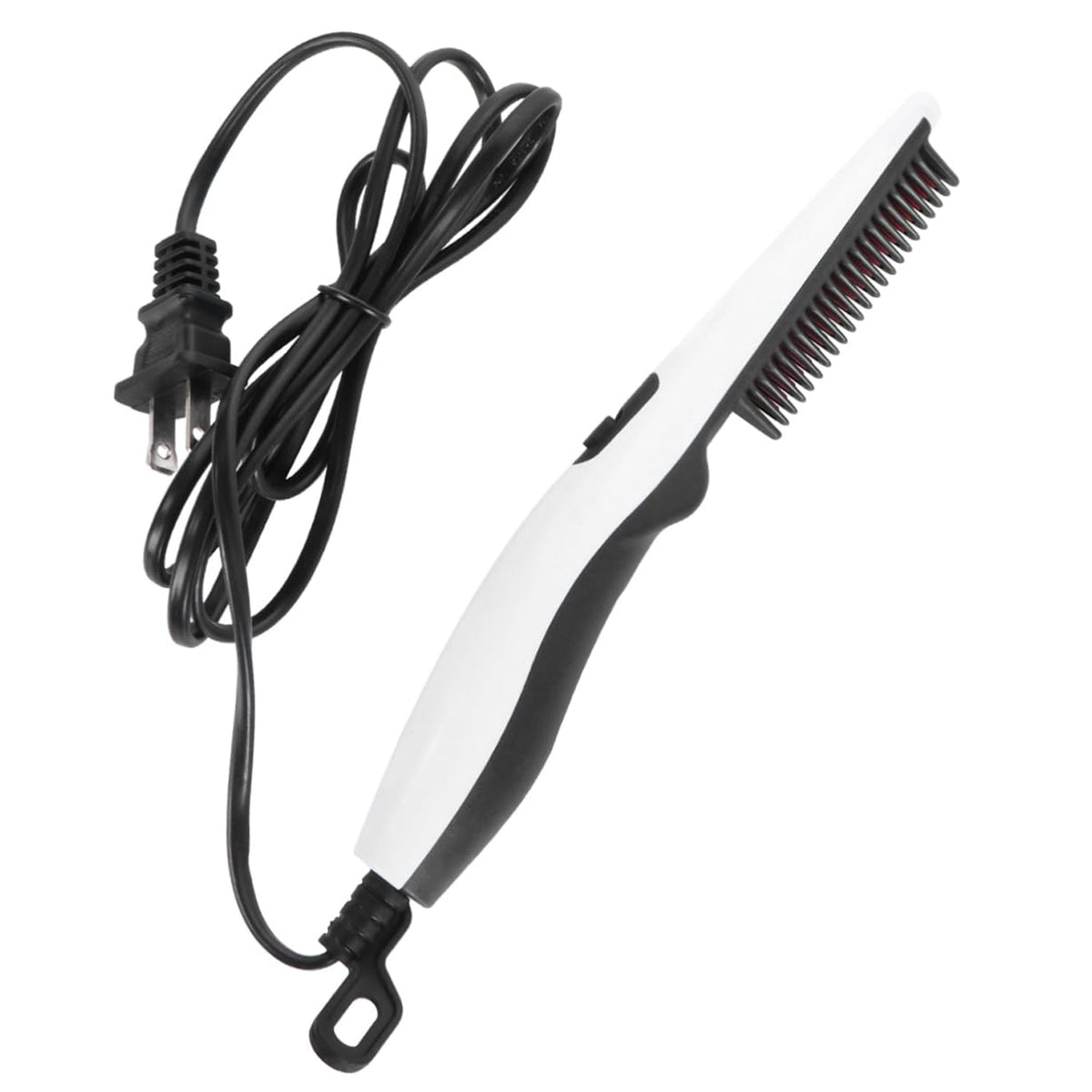 A white and black electric hair and beard straightening comb with a black cord and plug is shown on a white background.