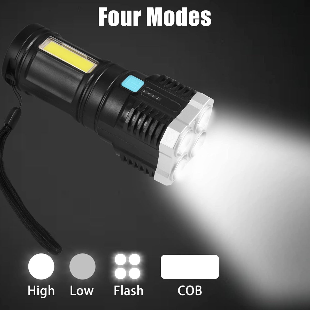 Black and silver flashlight with four main LEDs illuminated, showing four light modes: High, Low, Flash, and COB.
