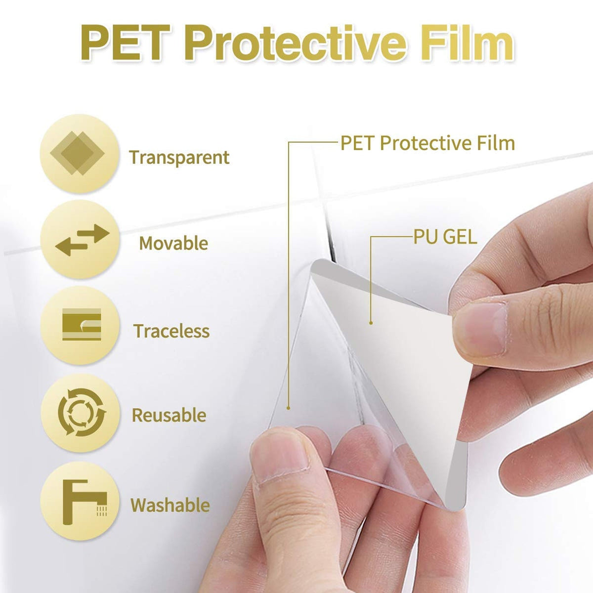 A hand peels a clear adhesive square, with text explaining its transparent, movable, traceless, reusable, and washable