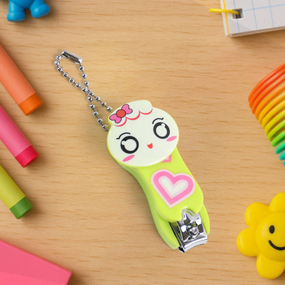 A green and white cartoon character nail clipper with a pink heart and a silver ball chain, surrounded by colorful school