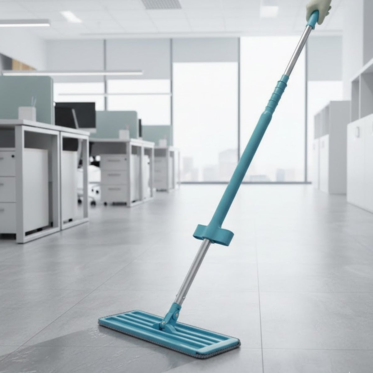 A blue and silver flat mop cleans a grey office floor, with desks and windows in the background.